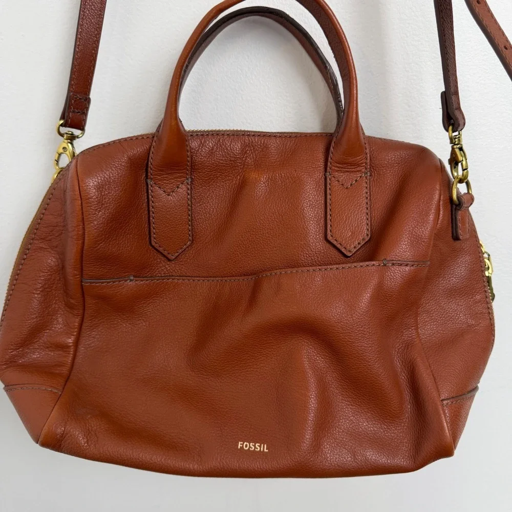 Fossil Cognac Brown Pebbled Leather Satchel Crossbody Bag ZB6750